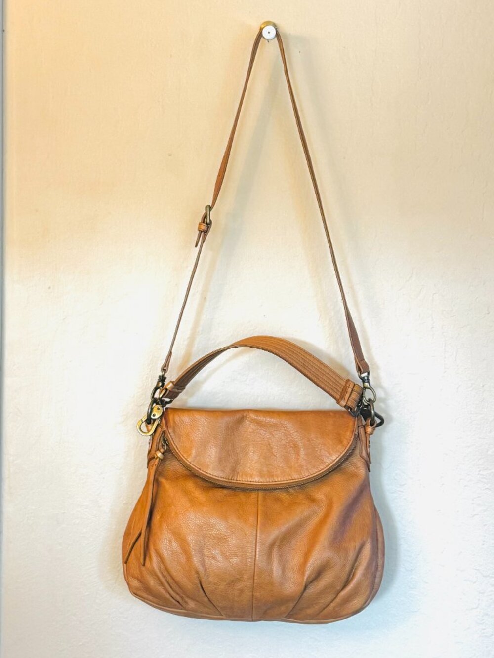 Margot New York Soft Cognac Pebbled Leather Satchel Cross Body/Shoulder strap